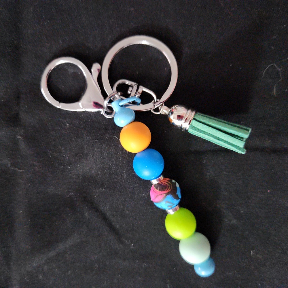 Colorful Beaded Keychain with Green Tassel